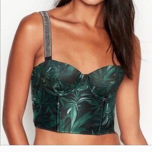 Victorias Secret Very Sexy 36DD Tropical Palm Sparkle Bustier Corset Green Black